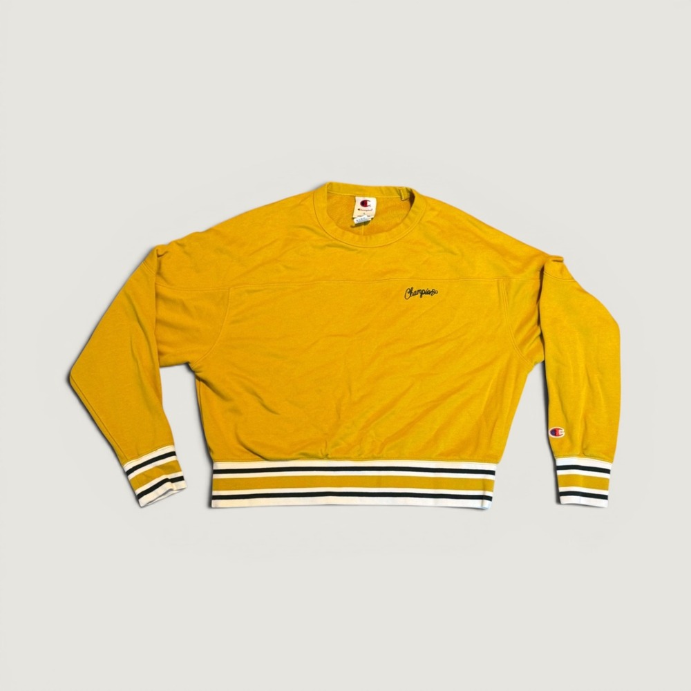 Champion Mustard Yellow and Green Striped Hem Crewneck Sweatshirt Large RN117927